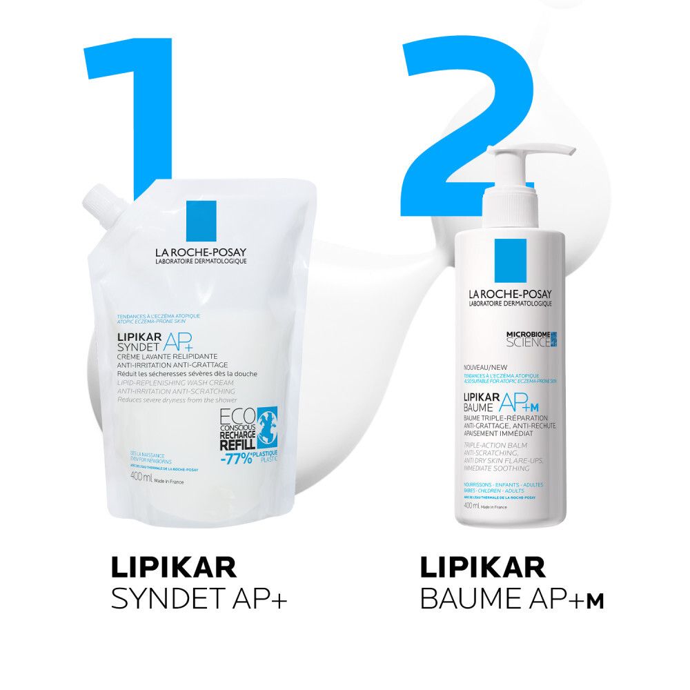 Produit et recharge. « Lipikar Syndet AP+ » et « Baume AP+M ».