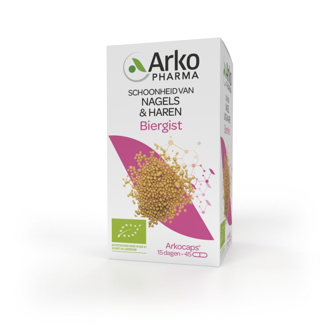 Produktverpackung. Aufschrift: Arkopharma, Biergist, 45 Kapseln. Bio-Siegel.