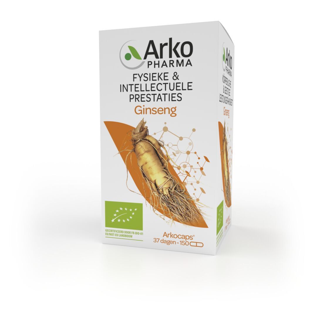 Arkogélules Ginseng Bio verpakking. Witte doos met opschrift. Opschrift: Fysieke & intellectuele prestaties.