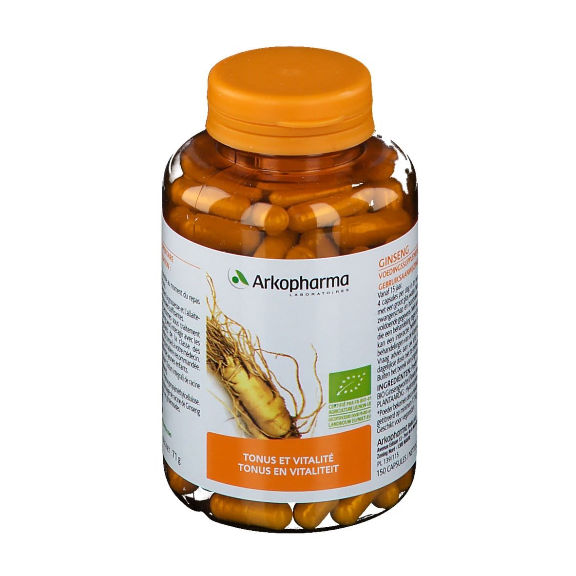 Flesje Arkogélules Ginseng Bio capsules. Oranje dop, transparante fles. Opschrift: Tonus et Vitalité.