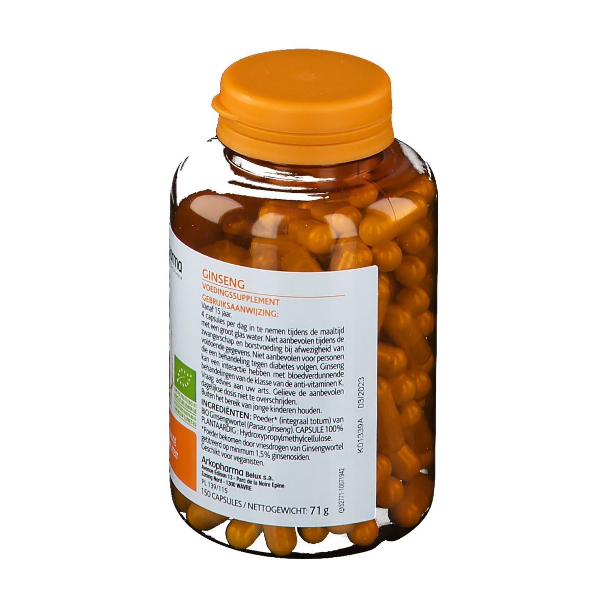 Achterkant van de Arkogélules Ginseng Bio capsulefles. Oranje dop, transparante fles. Tekst en etiket.