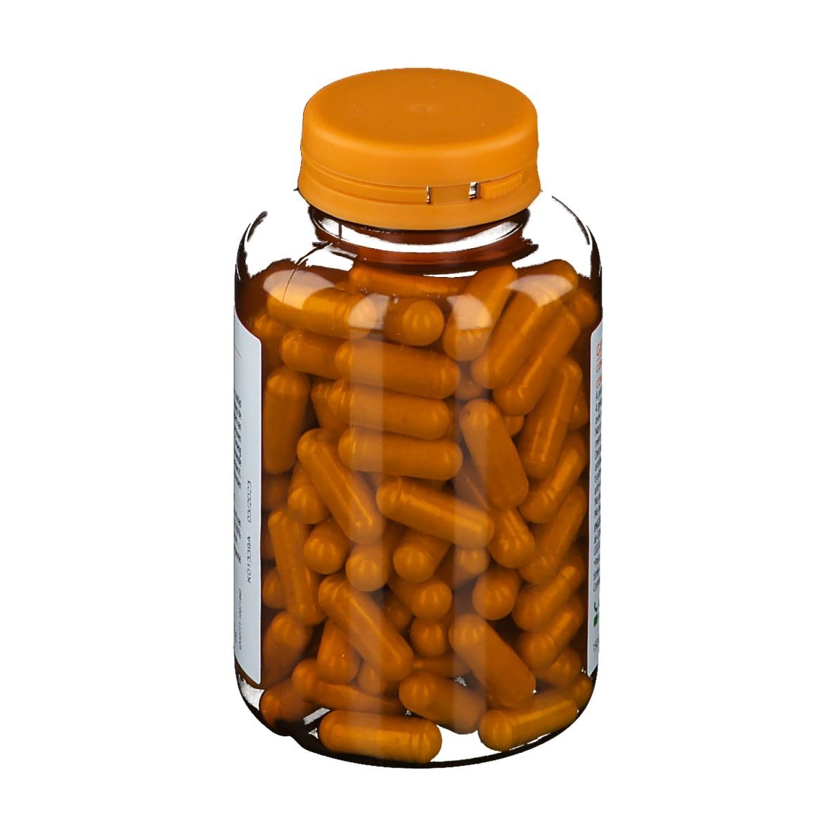 Transparante container met oranje capsules. Oranje dop. De container is gevuld met capsules.