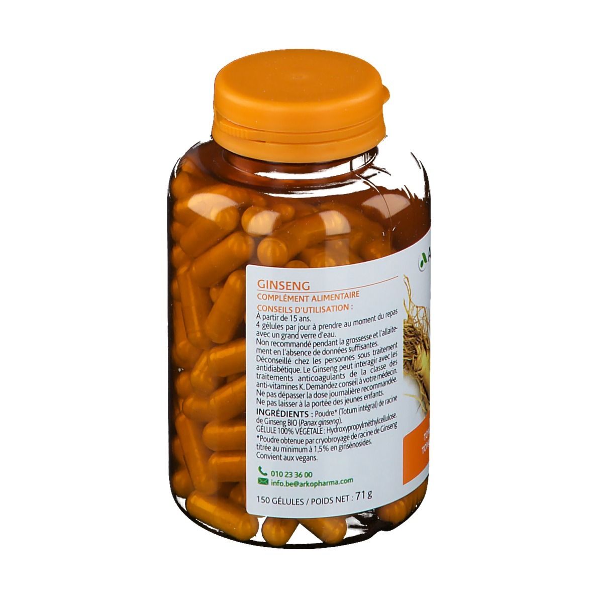 Achterkant van de Arkogélules Ginseng Bio capsulefles. Oranje dop, transparante fles. Tekst en etiket.