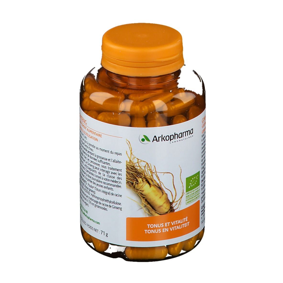 Flesje Arkogélules Ginseng Bio capsules. Oranje dop, transparante fles. Opschrift: Tonus et Vitalité.