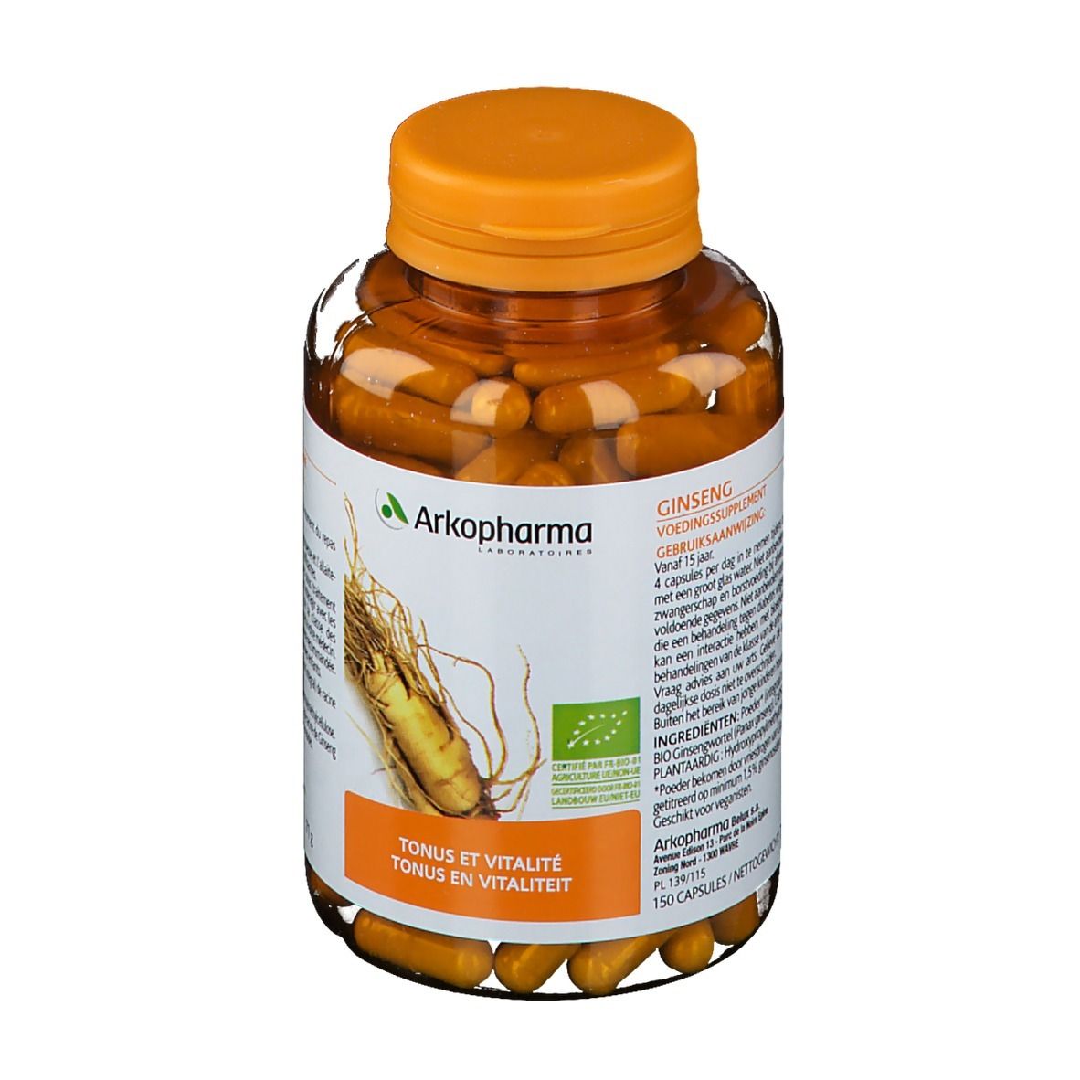 Flesje Arkogélules Ginseng Bio capsules. Oranje dop, transparante fles. Opschrift: Tonus et Vitalité.