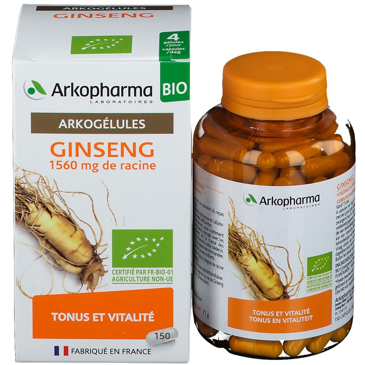 Arkogélules Ginseng Bio verpakking en fles. Witte doos met opschrift. Fles met oranje dop.