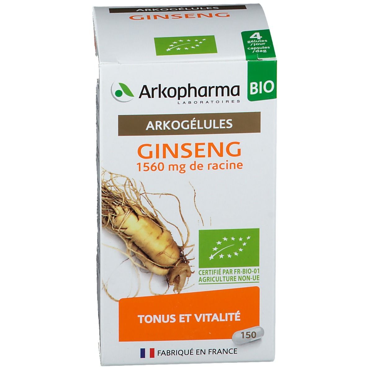 Arkogélules Ginseng Bio verpakking. Witte doos met opschrift. Opschrift: Tonus et Vitalité.