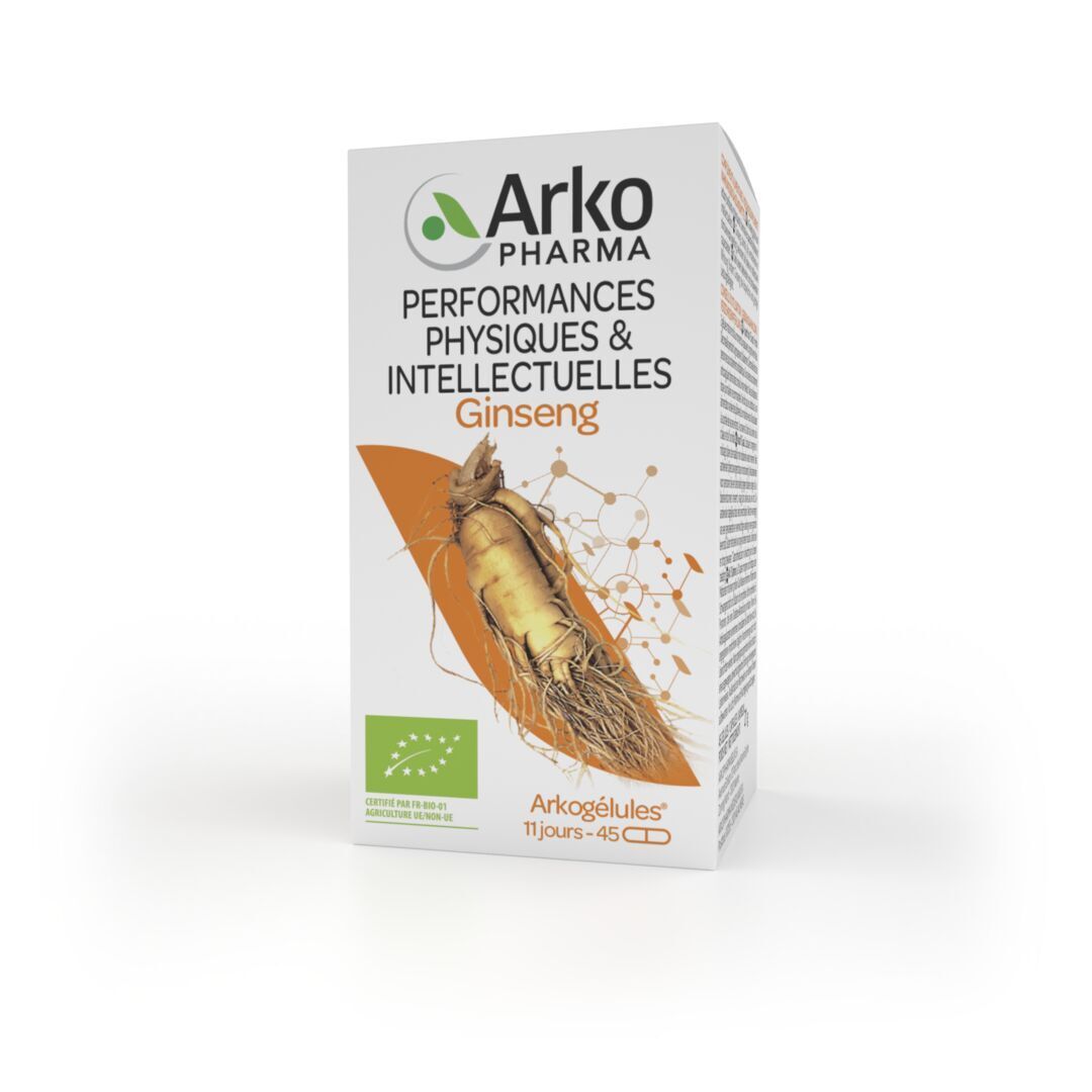 Boîte blanche avec texte et logo. Certification bio. Contient 45 gélules. Produit pour performances physiques et intellectuelles.