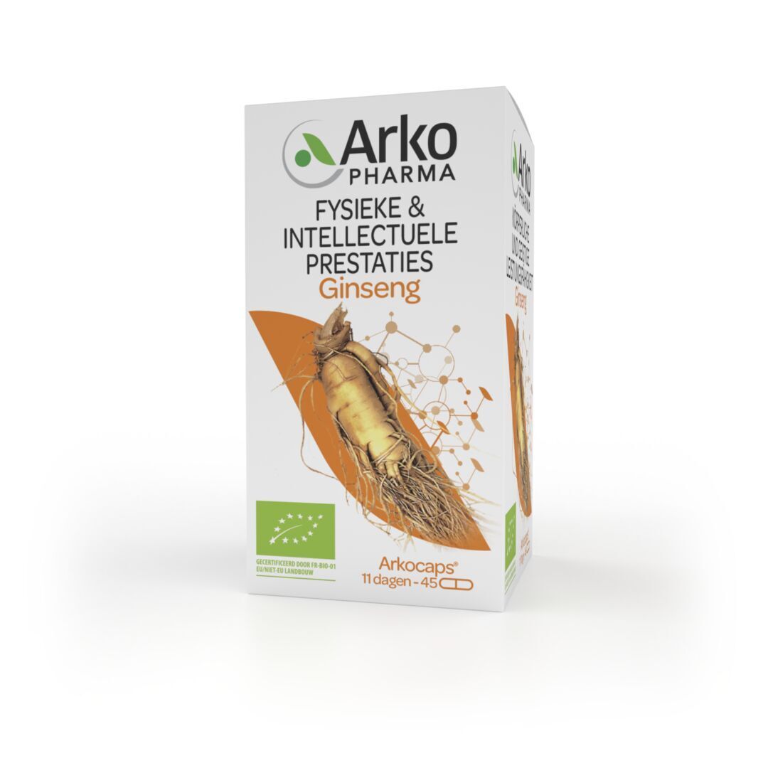 Witte doos met tekst en logo. Bio-certificering. Bevat 45 capsules. Product voor fysieke en intellectuele prestaties.