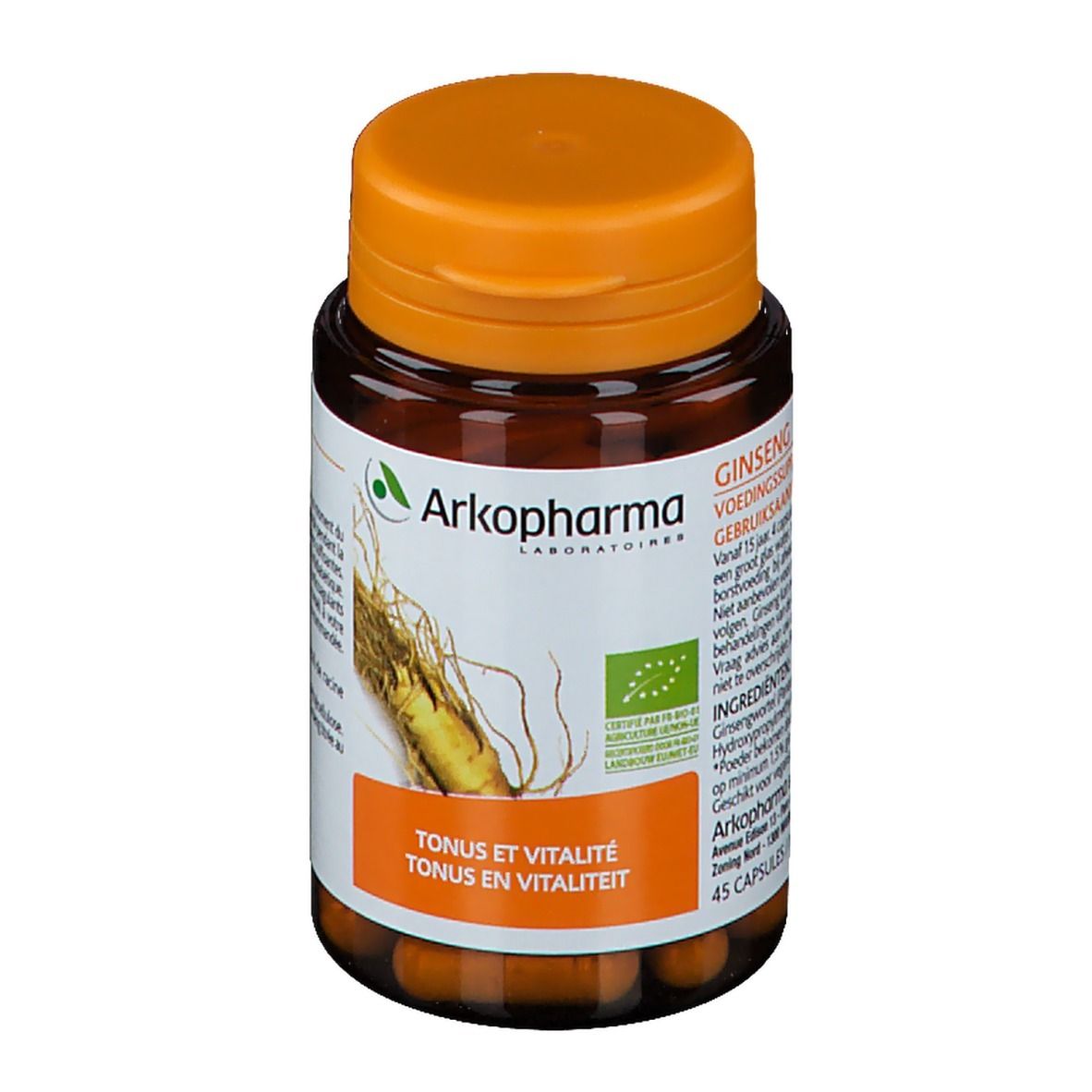 Bruine fles met oranje dop. Etiket met tekst en logo. Bevat capsules. Bio-certificering.