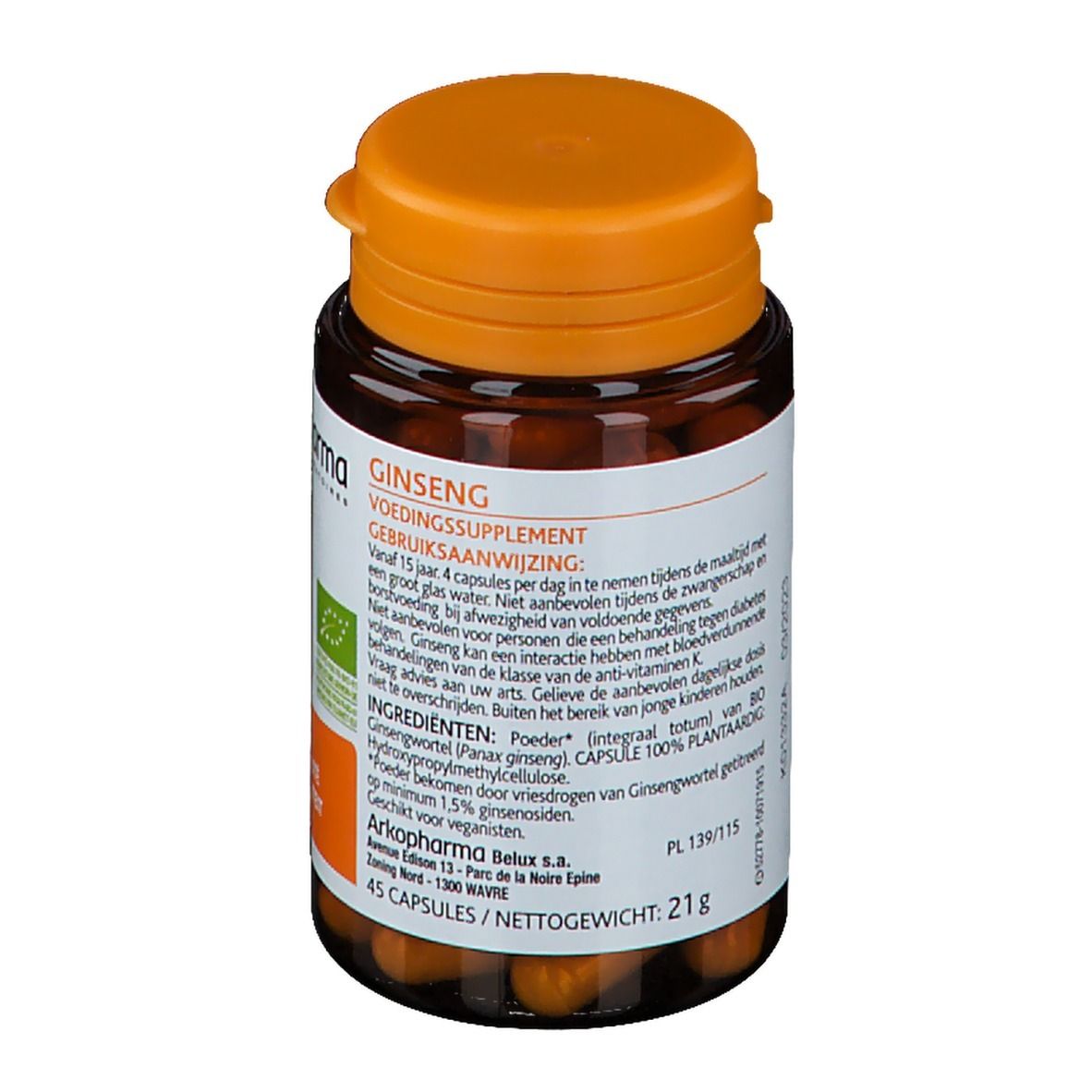 Bruine fles met oranje dop. Etiket met tekst en logo. Bevat capsules. Bio-certificering.