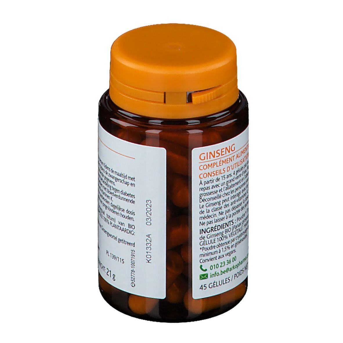 Bruine fles met oranje dop. Etiket met tekst en logo. Bevat capsules. Bio-certificering.