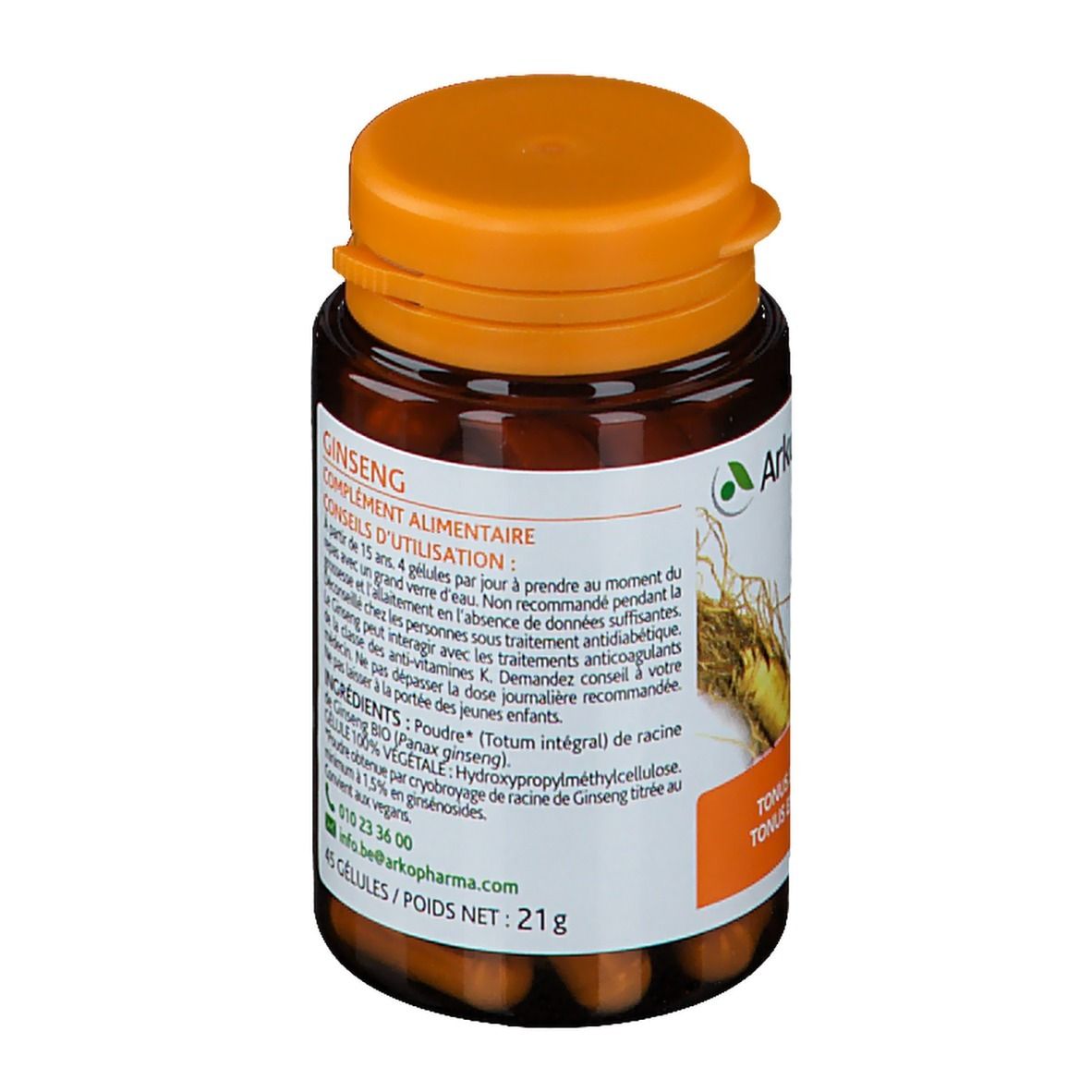 Bruine fles met oranje dop. Etiket met tekst en logo. Bevat capsules. Bio-certificering.