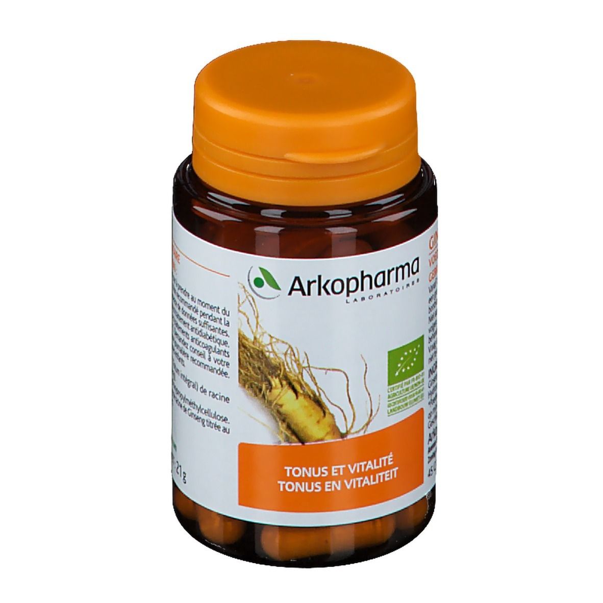 Bruine fles met oranje dop. Etiket met tekst en logo. Bevat capsules. Bio-certificering.