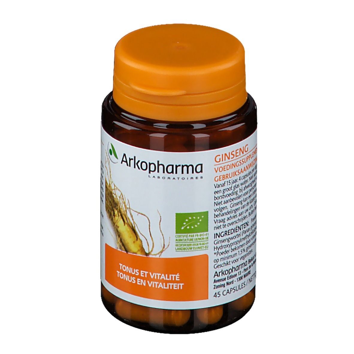 Bruine fles met oranje dop. Etiket met tekst en logo. Bevat capsules. Bio-certificering.