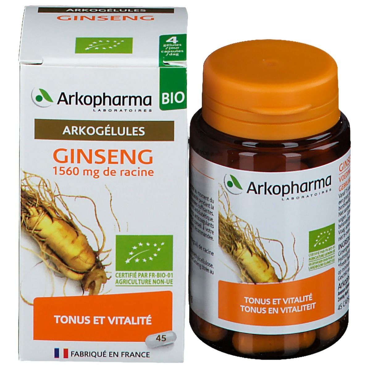 Productverpakking en fles. Witte doos met tekst en logo. Bruine fles met capsules. Bio-certificering.