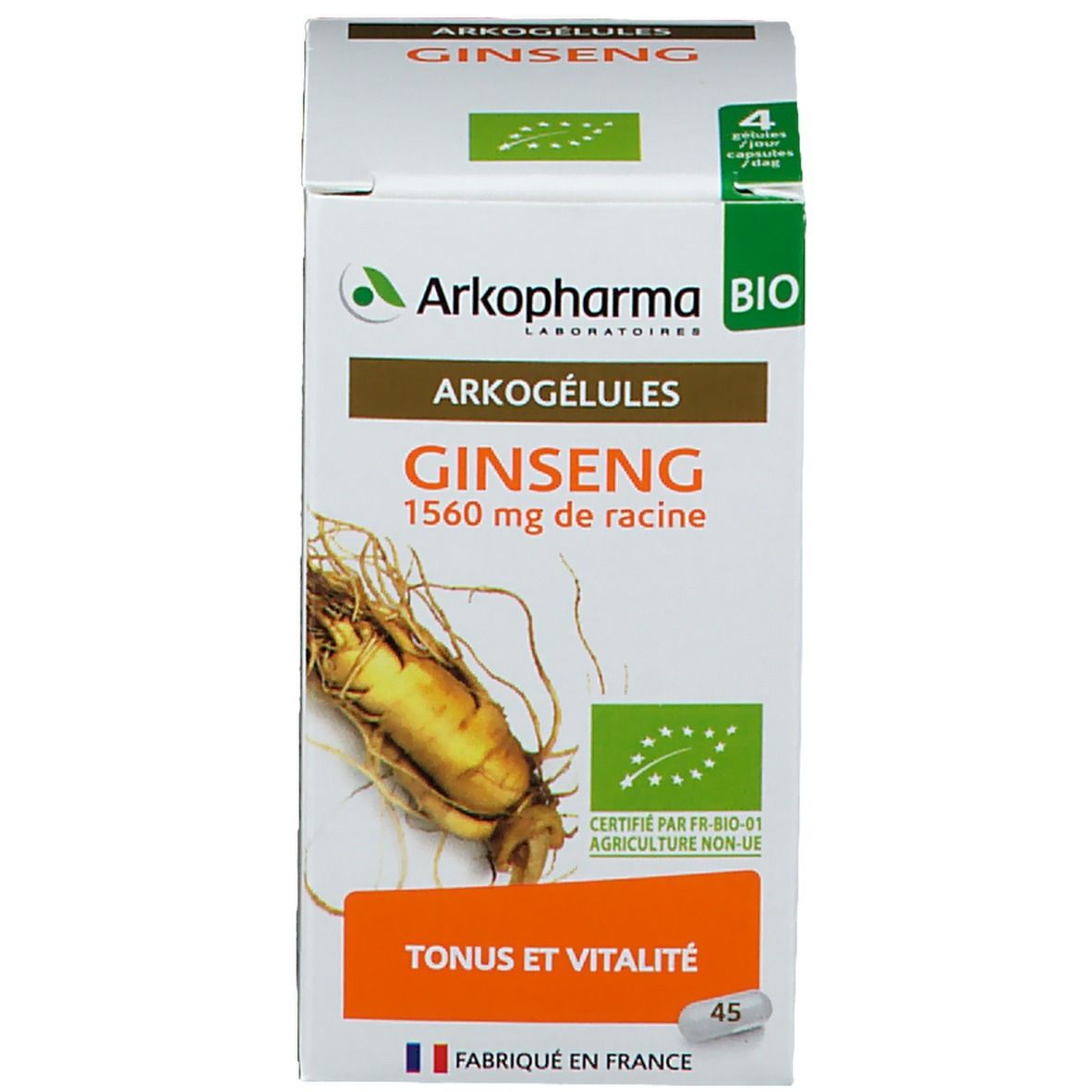 Productverpakking. Witte doos met tekst en logo. Bio-certificering. Bevat 45 capsules.