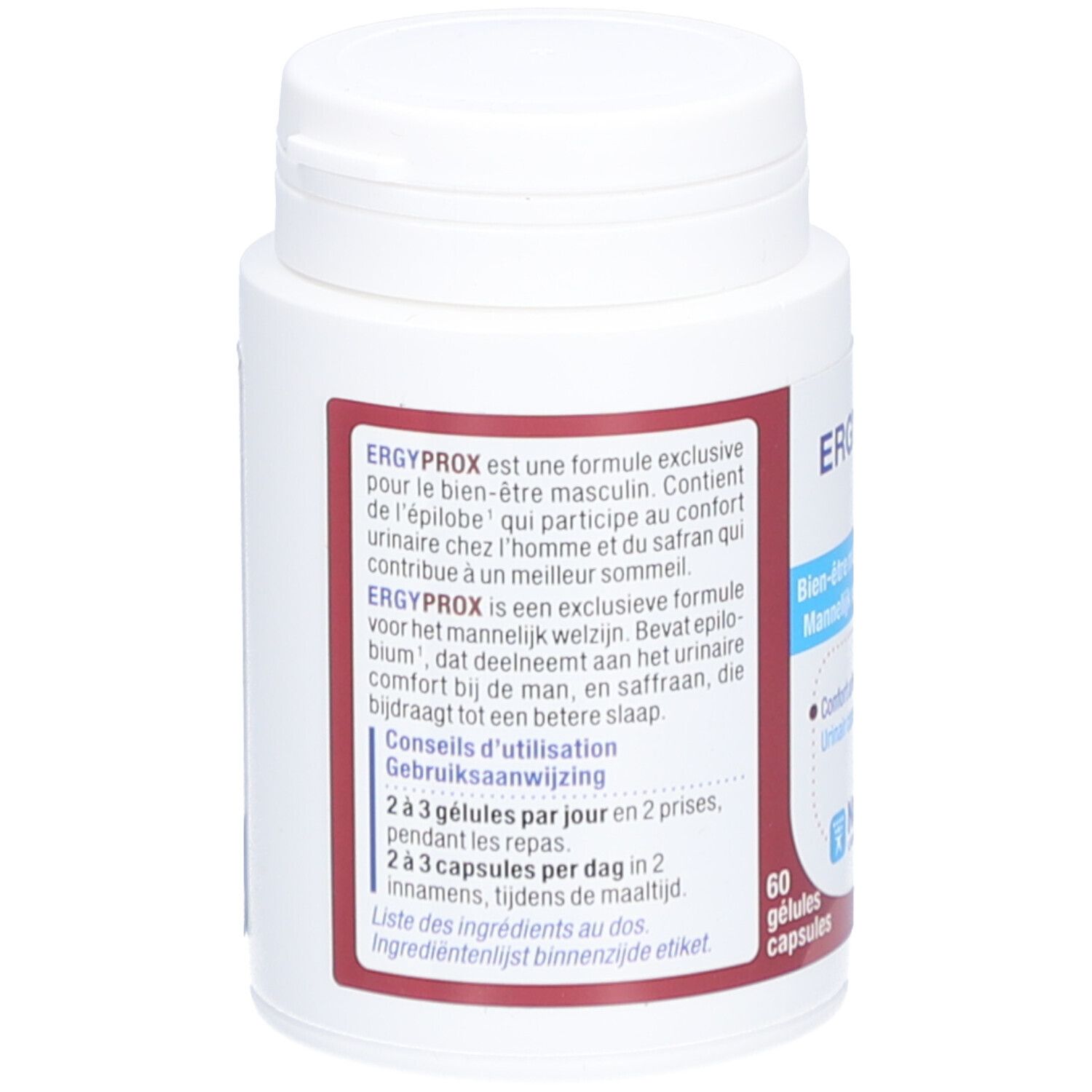 Achterkant van de fles. Tekst: ERGYPROX, formule voor mannelijk welzijn. Gebruiksaanwijzing. 60 capsules. Ingrediëntenlijst.