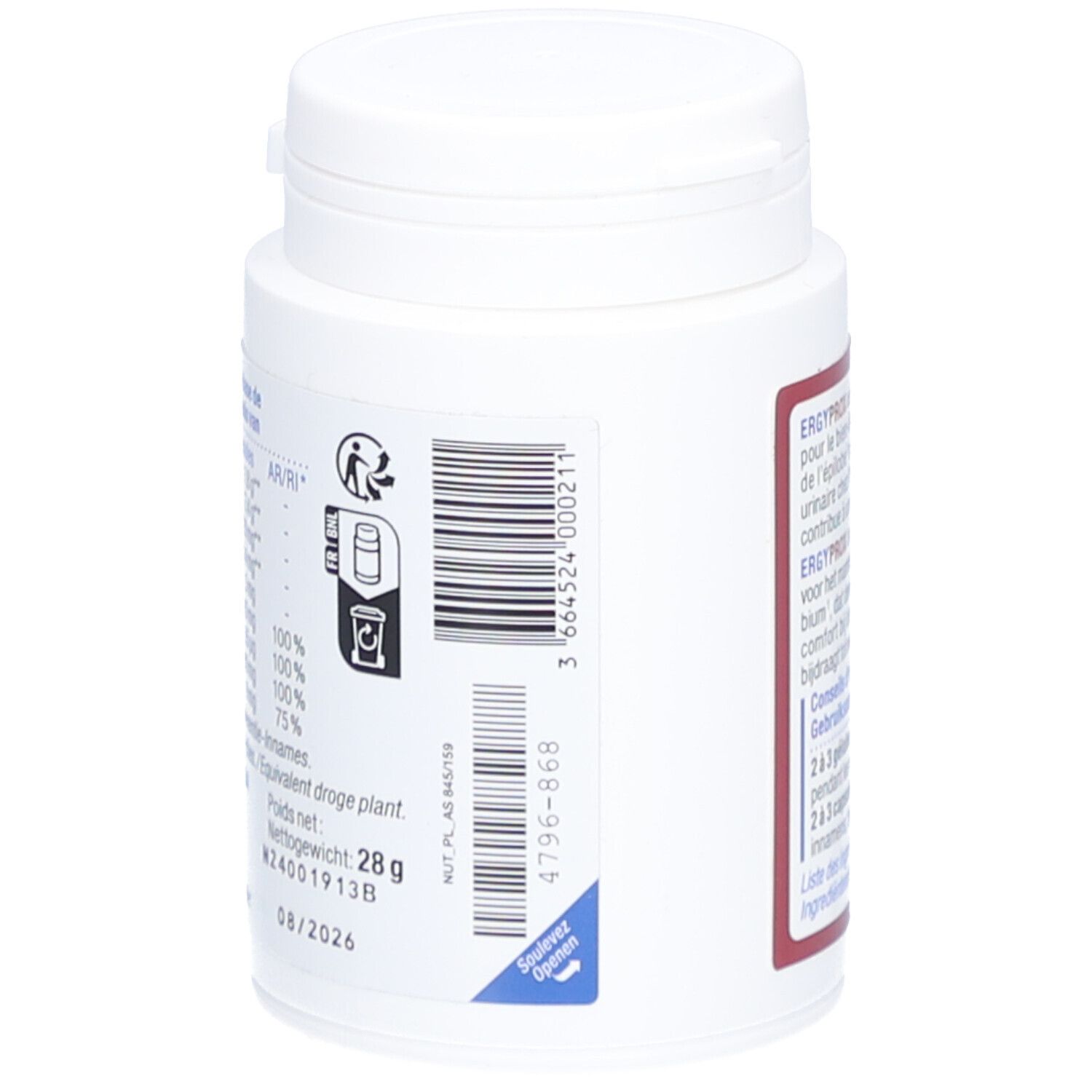 Achterkant van de fles met barcode en informatie. Nettogewicht: 28 g. Ten minste houdbaar tot 08/2026. Zegel.