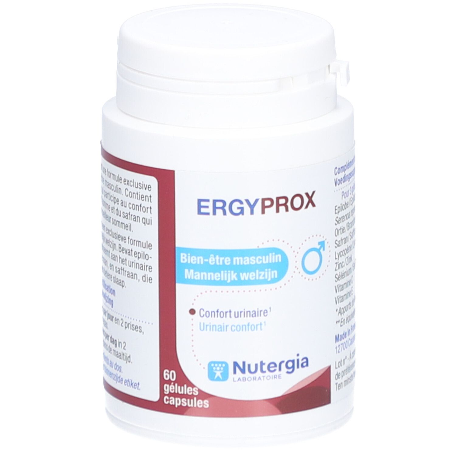 Witte fles met capsules. Opschrift: ERGYPROX, Bien-être masculin, Mannelijk welzijn. 60 capsules. Merk: Nutergia.