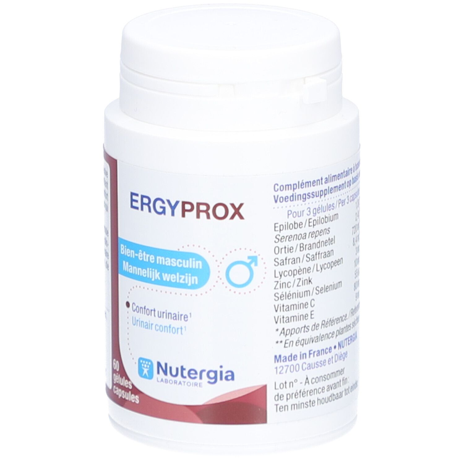Witte fles met capsules. Opschrift: ERGYPROX, Bien-être masculin, Mannelijk welzijn. Merk: Nutergia. Ingrediënten.