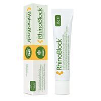 Tube en doos. RhinoBlock staat op de tube en de doos. 15g staat op de tube. Natural Honey staat op de doos.