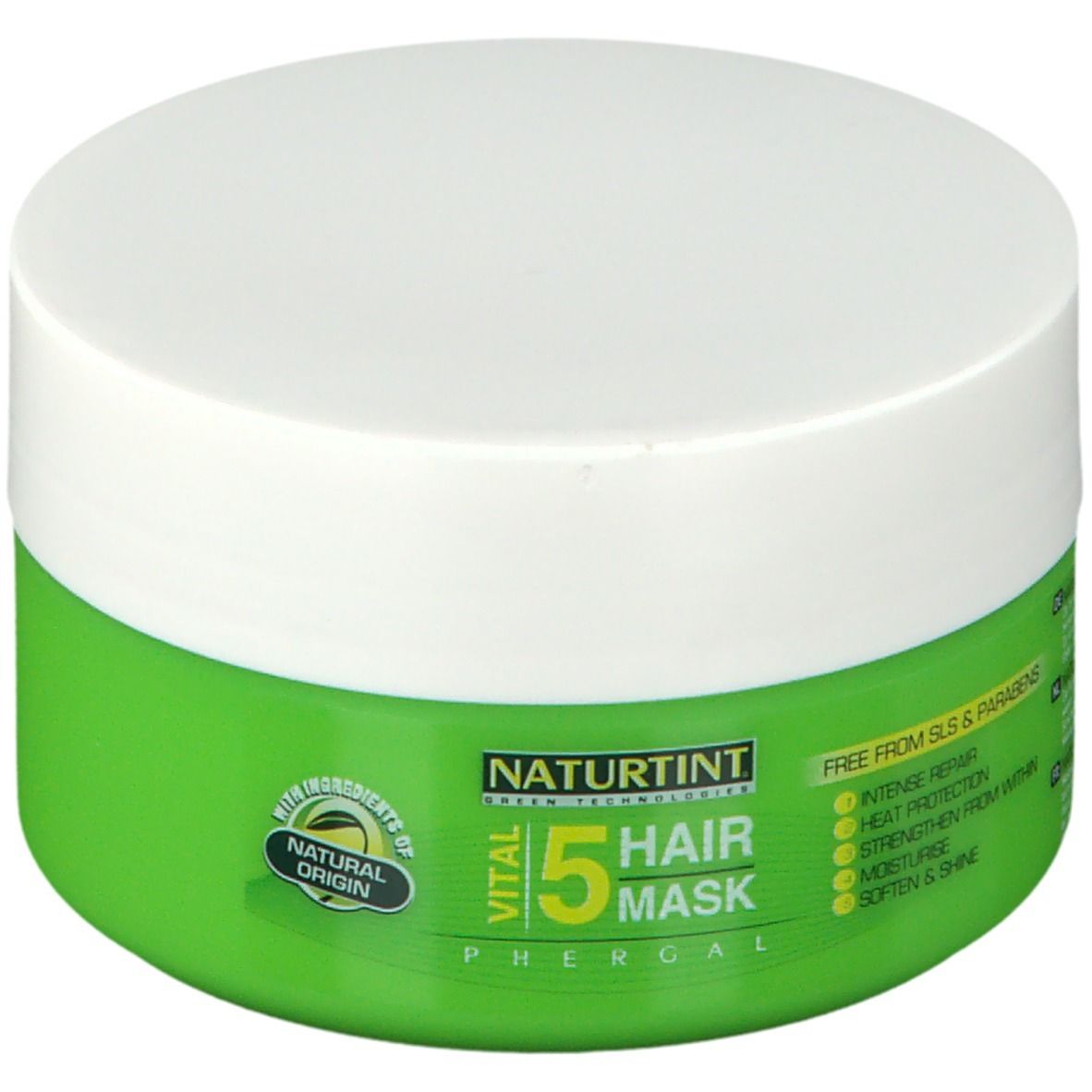 Pot vert avec couvercle blanc. Inscription: NATURTINT VITAL 5 HAIR MASK. Contient des ingrédients d'origine naturelle.