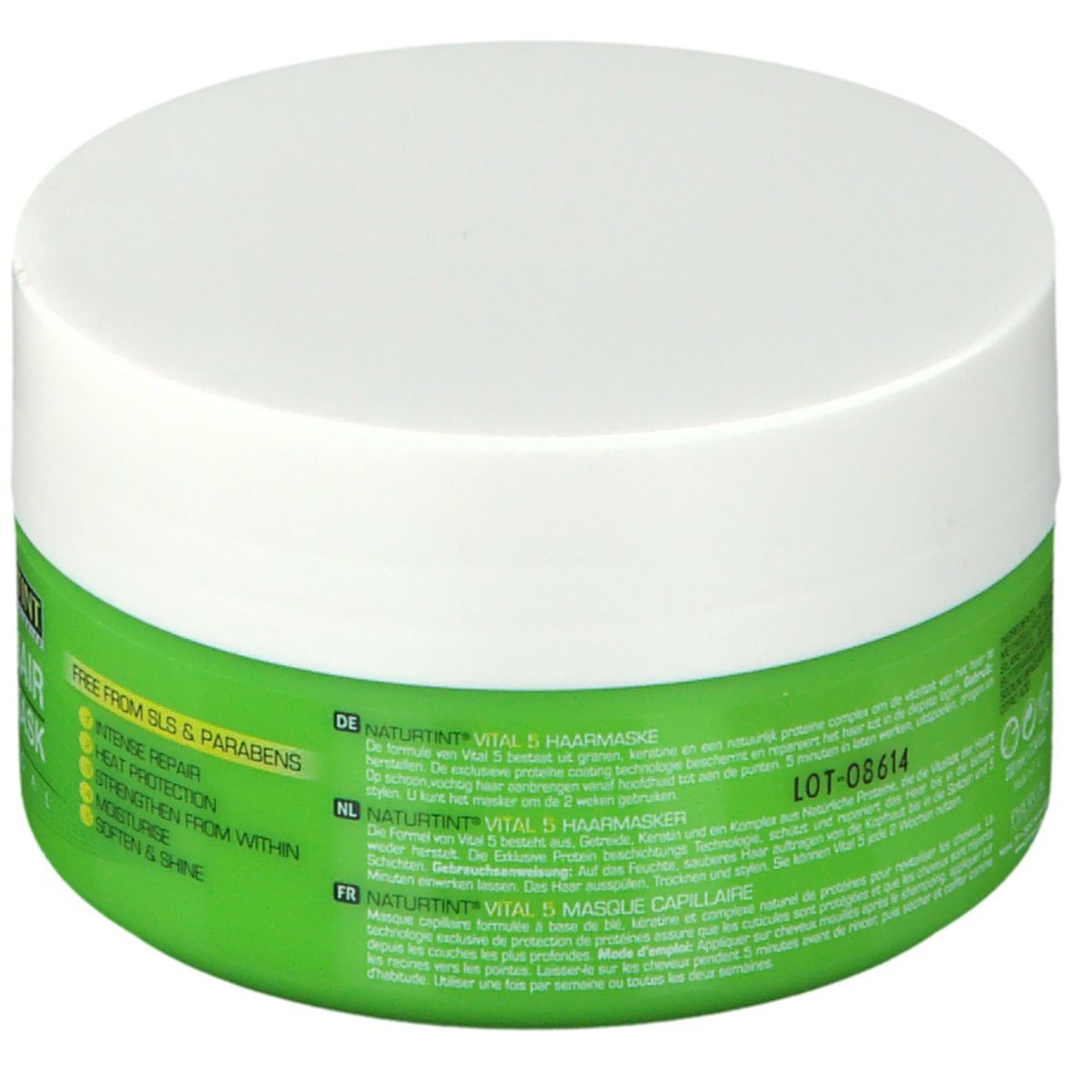 Dos d'un pot vert avec couvercle blanc. Texte multilingue. Inscription: NATURTINT VITAL 5 MASQUE CAPILLAIRE.