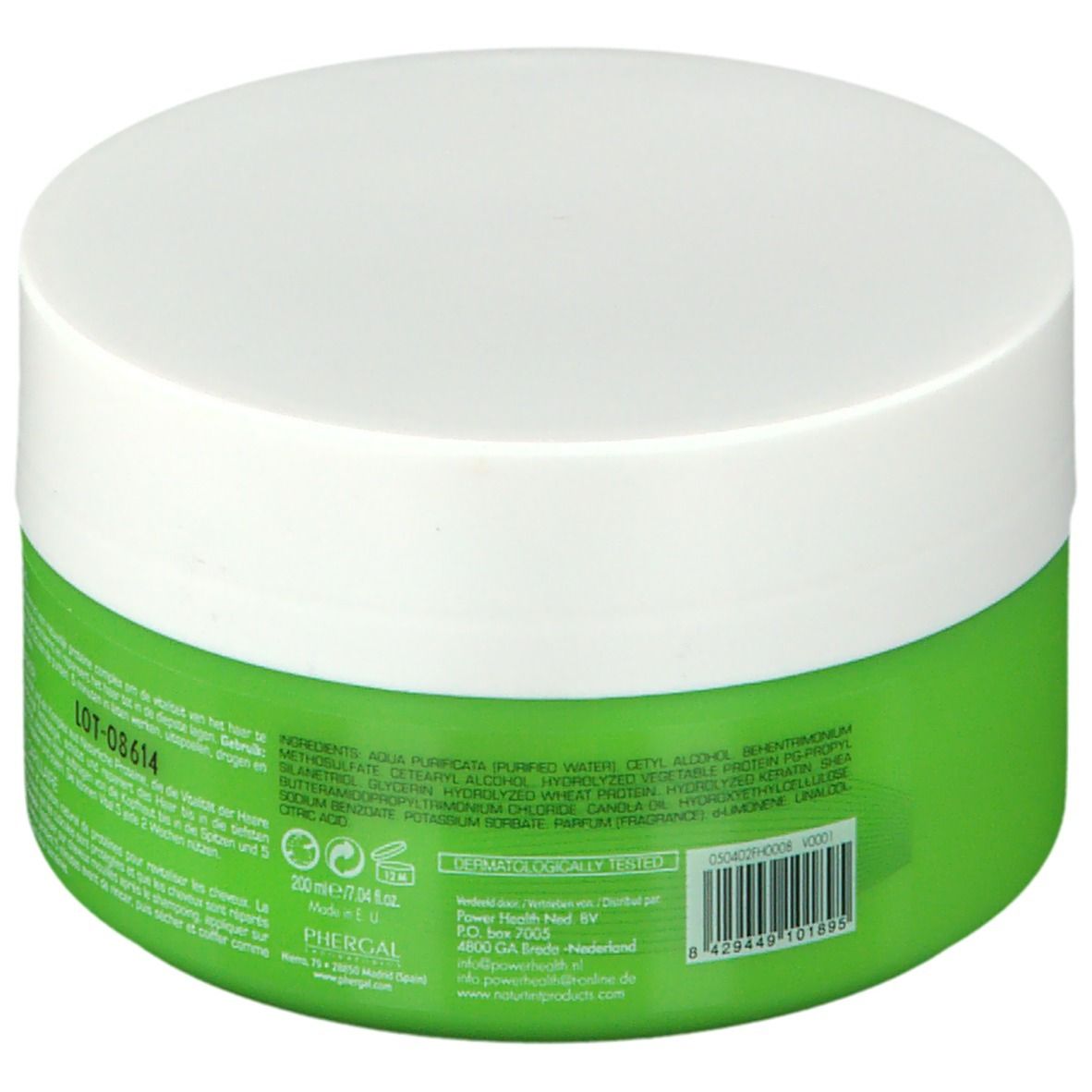 Dos d'un pot vert avec couvercle blanc. Liste des ingrédients et autres informations. Inscription: PHERGAL.