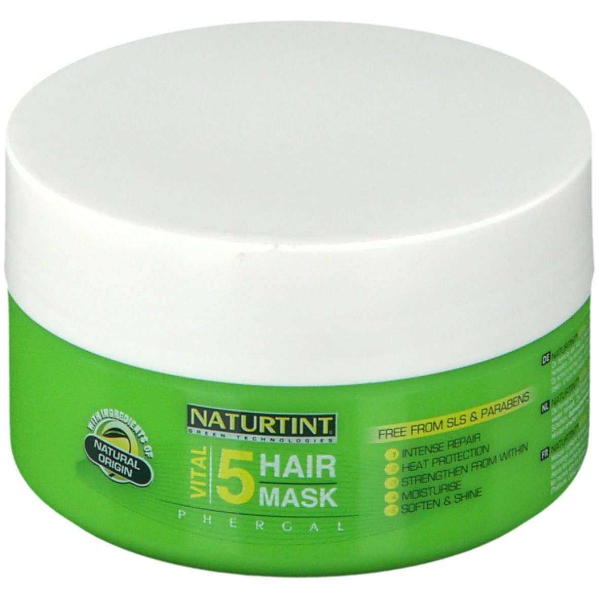 Pot vert avec couvercle blanc. Inscription: NATURTINT VITAL 5 HAIR MASK. Contient des ingrédients d'origine naturelle.