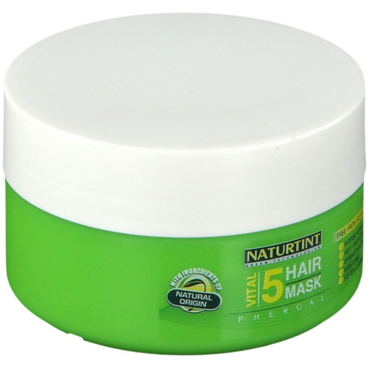 Pot vert avec couvercle blanc. Inscription: NATURTINT VITAL 5 HAIR MASK. Contient des ingrédients d'origine naturelle.
