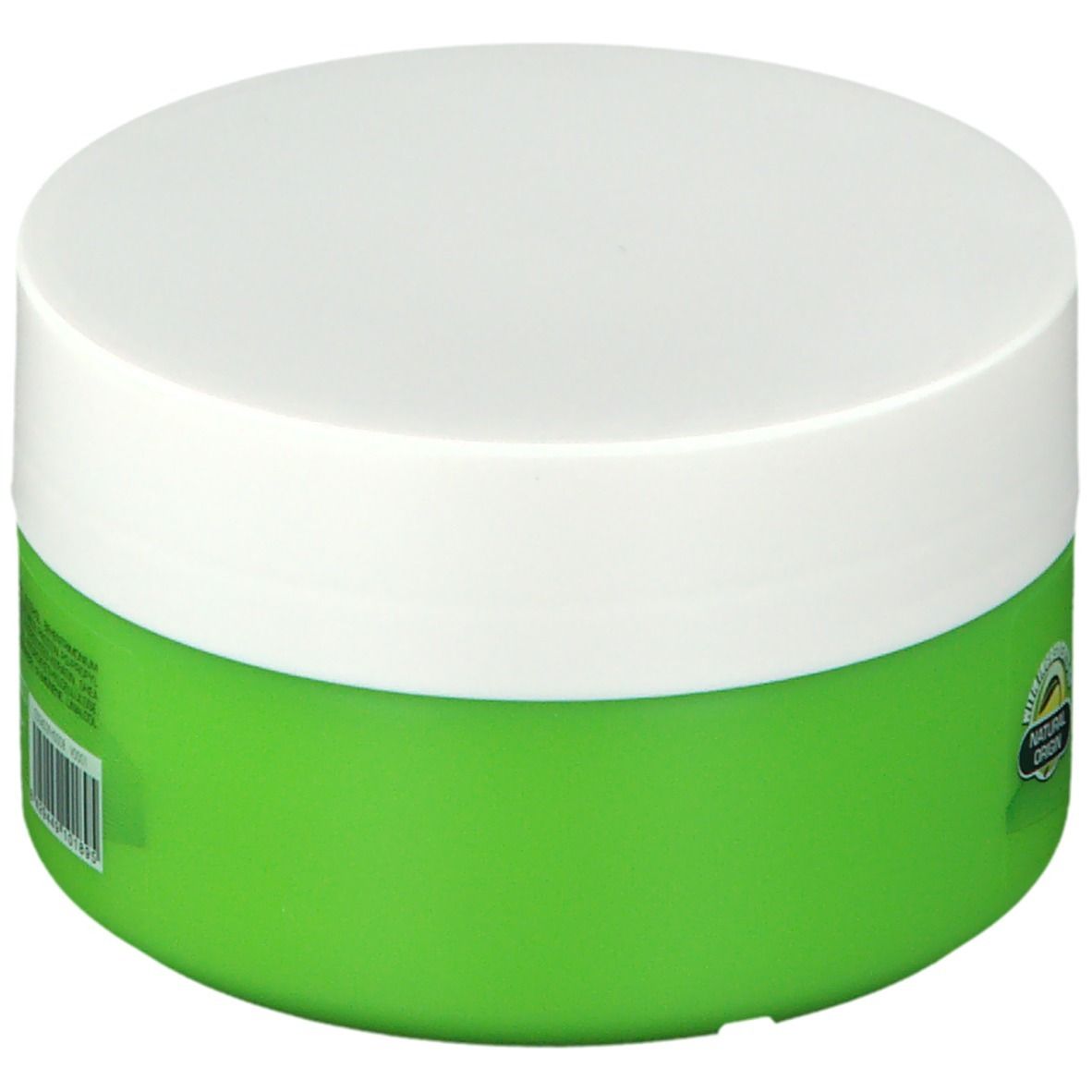 Pot vert avec couvercle blanc. Code-barres et logo pour ingrédients d'origine naturelle.