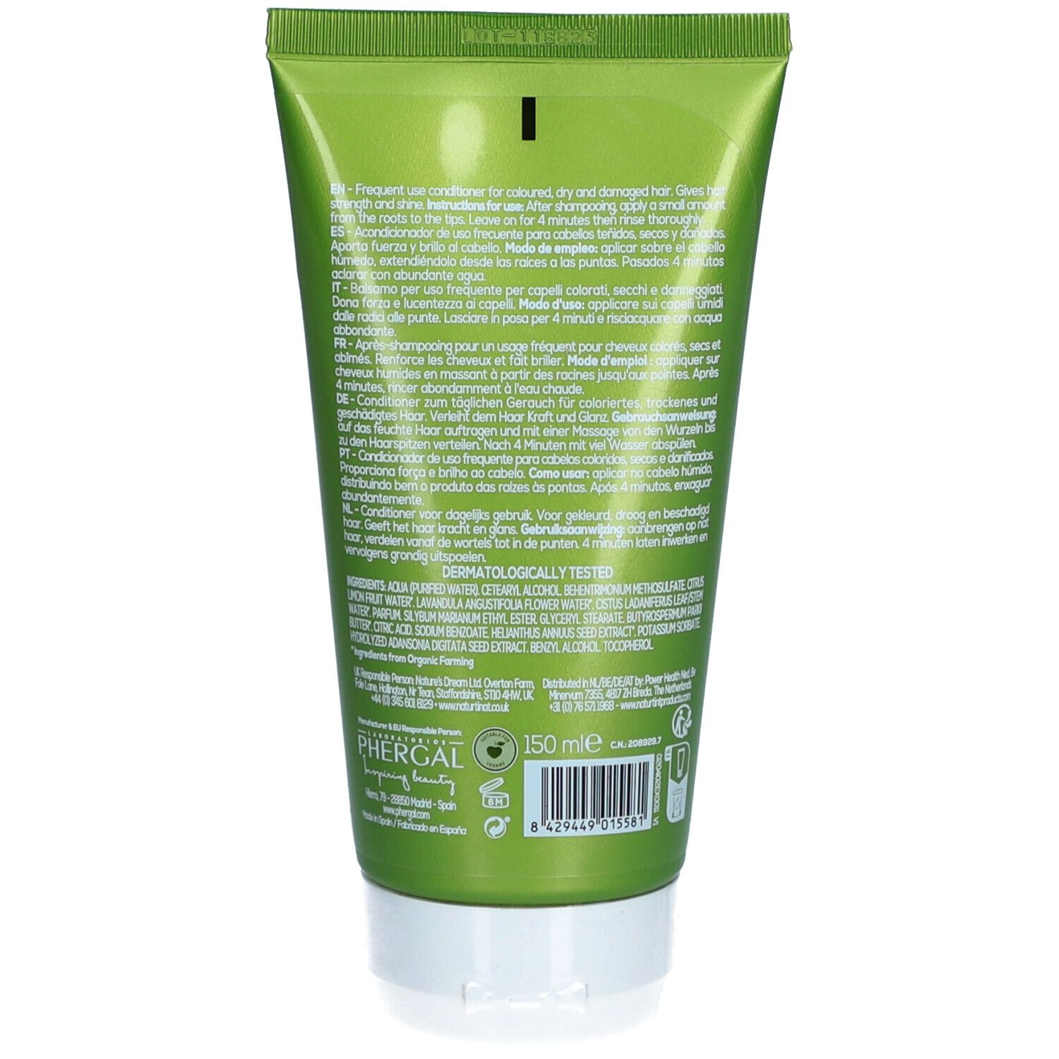 Rückseite einer grünen Tube mit Text. Enthält Informationen zur Anwendung und Inhaltsstoffe. Aufschrift: DERMATOLOGICALLY TESTED. 150 ml.