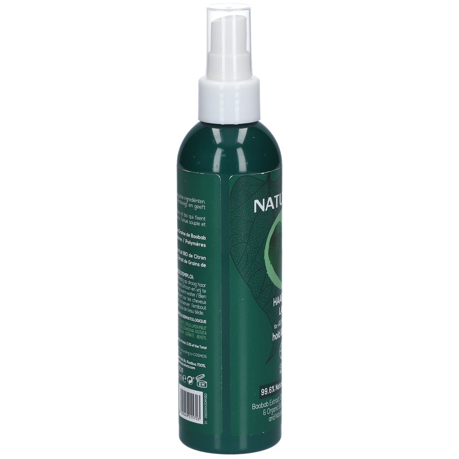 Grüne Flasche mit Sprühkopf. Text auf der Rückseite. Enthält Inhaltsstoffe natürlichen Ursprungs. Mit COSMOS NATURAL Zertifizierung.