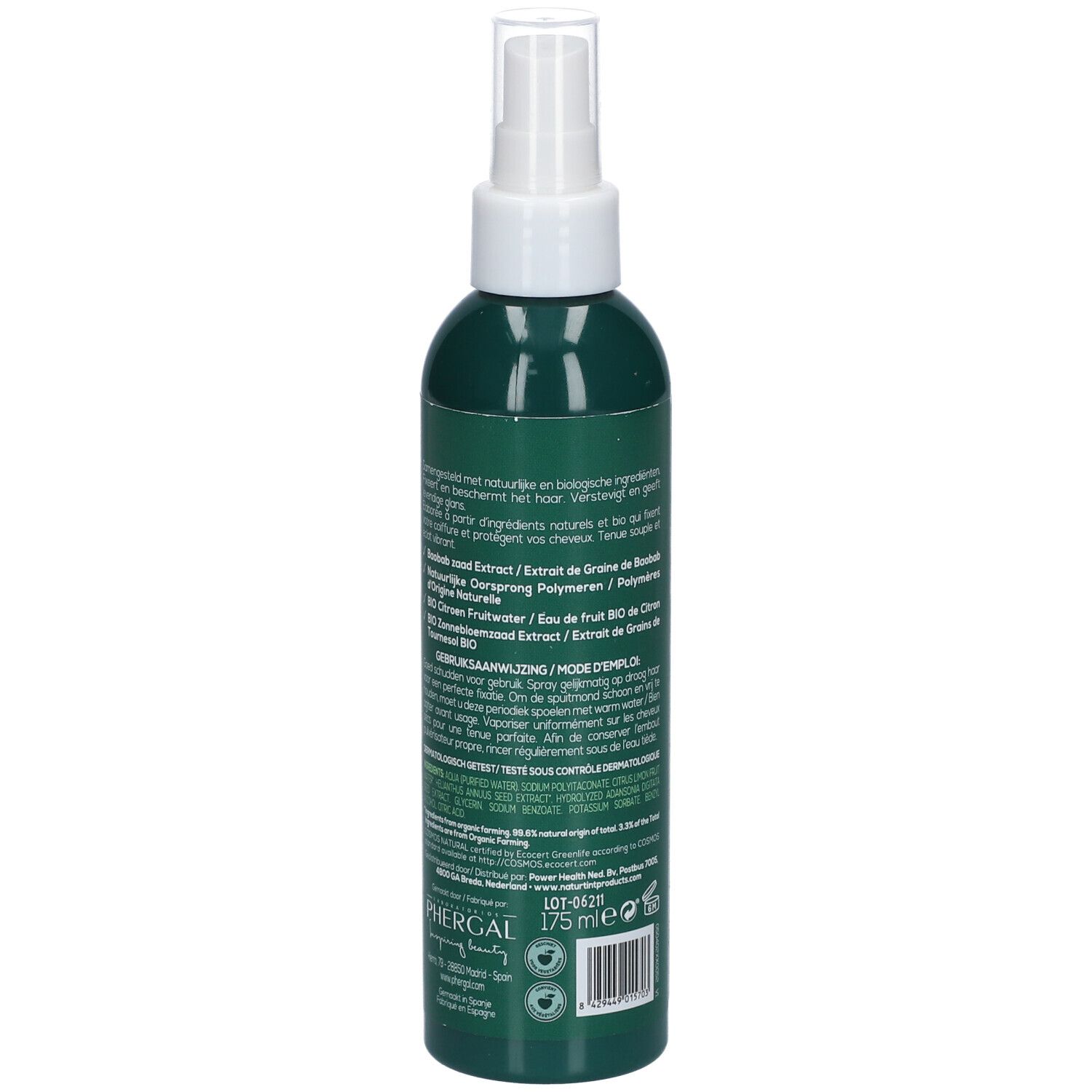Grüne Flasche mit Sprühkopf. Rückseite mit Text. Enthält Inhaltsstoffe natürlichen Ursprungs. Mit COSMOS NATURAL Zertifizierung.