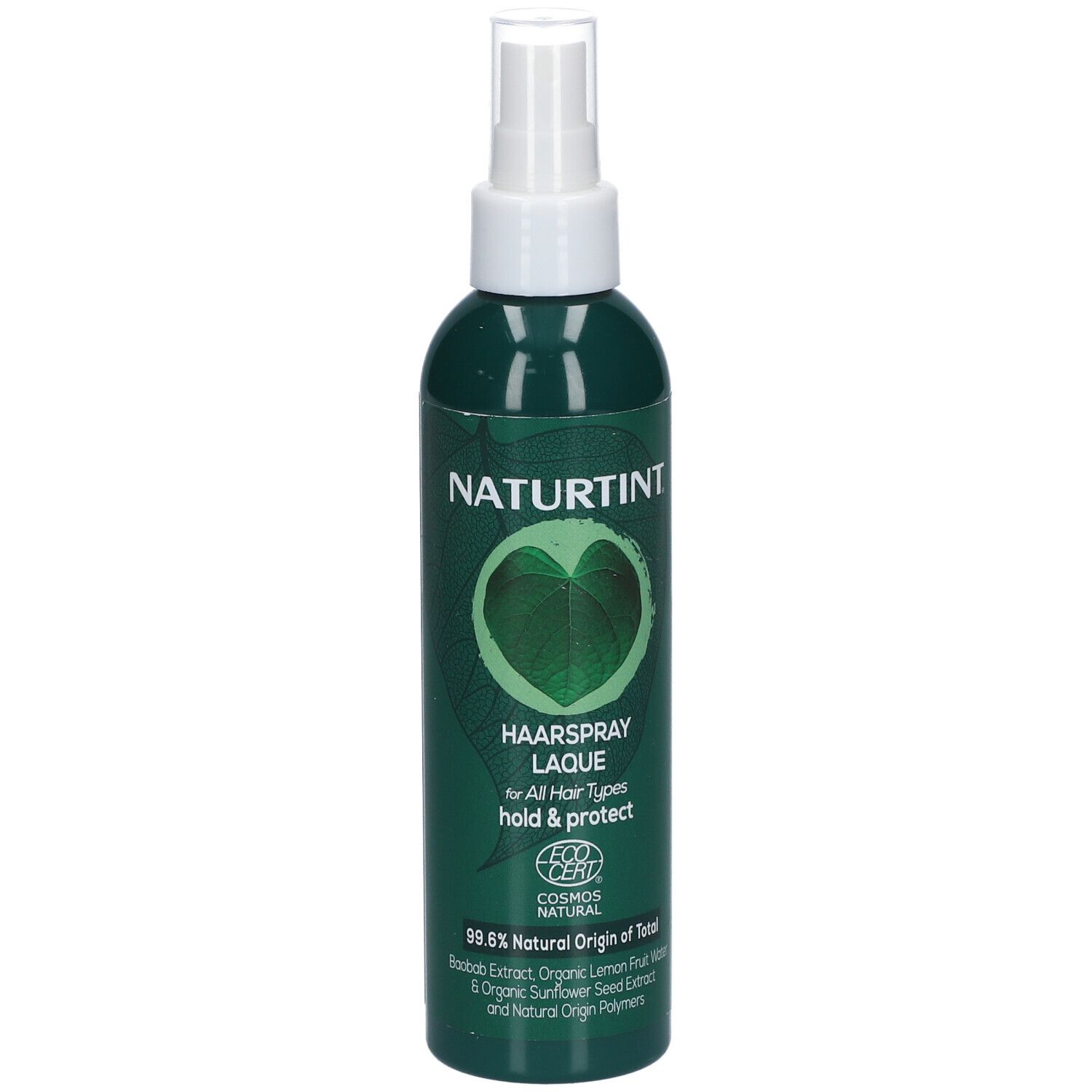 Grüne Flasche mit Sprühkopf. Aufschrift NATURTINT, HAARSPRAY LAQUE, COSMOS NATURAL. Enthält Inhaltsstoffe natürlichen Ursprungs.