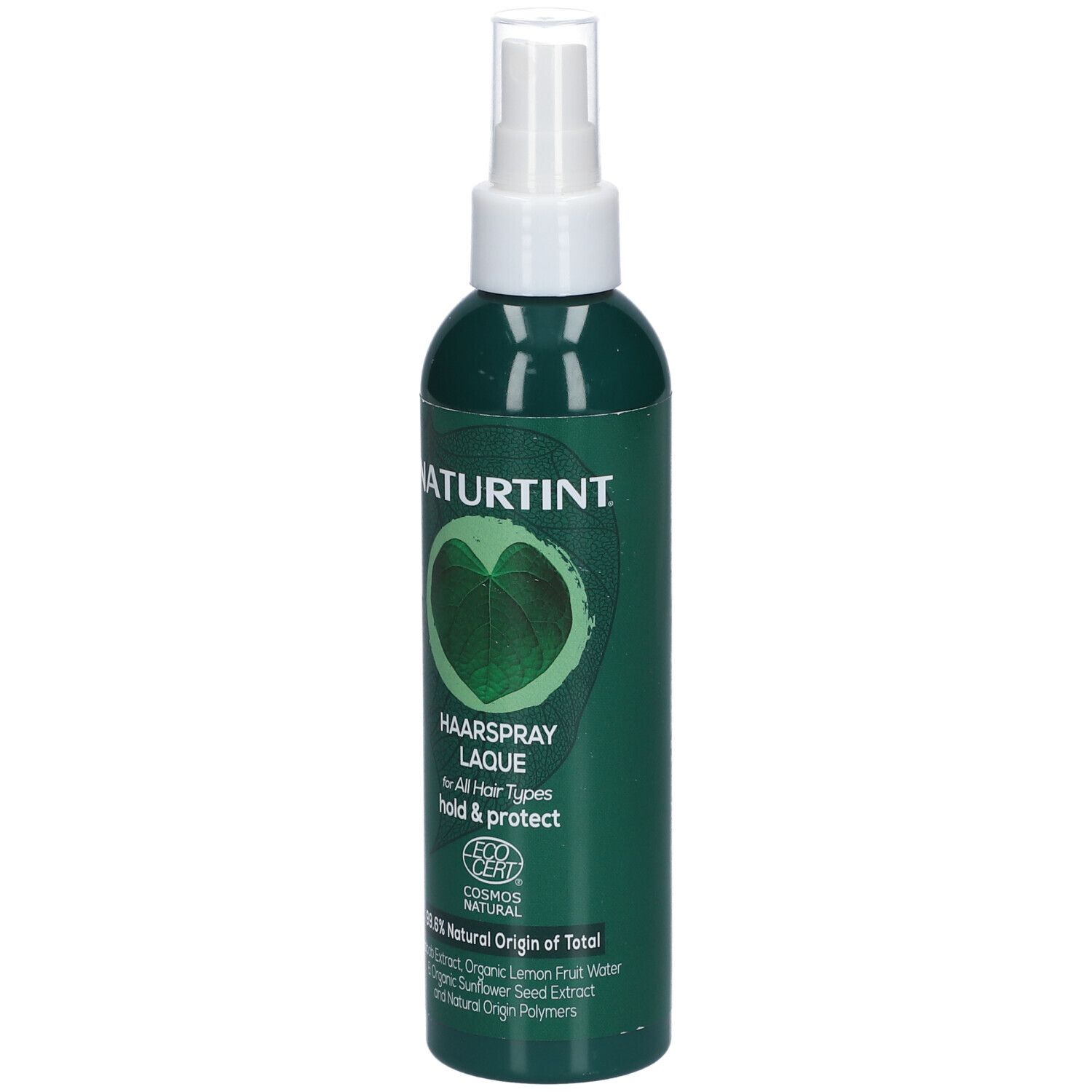 Grüne Flasche mit Sprühkopf. Aufschrift NATURTINT, HAARSPRAY LAQUE, COSMOS NATURAL. Enthält Inhaltsstoffe natürlichen Ursprungs.