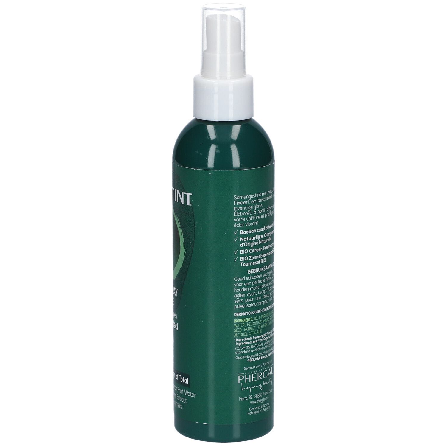Grüne Flasche mit Sprühkopf. Rückseite mit Text. Enthält Inhaltsstoffe natürlichen Ursprungs. Mit COSMOS NATURAL Zertifizierung.