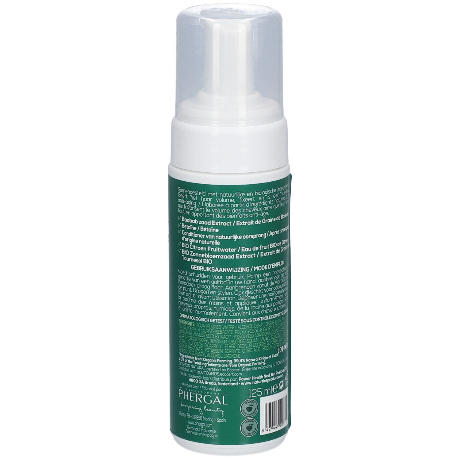 Witte fles met groen etiket. Tekst in meerdere talen. Met pompkop. Bevat informatie over ingrediënten.