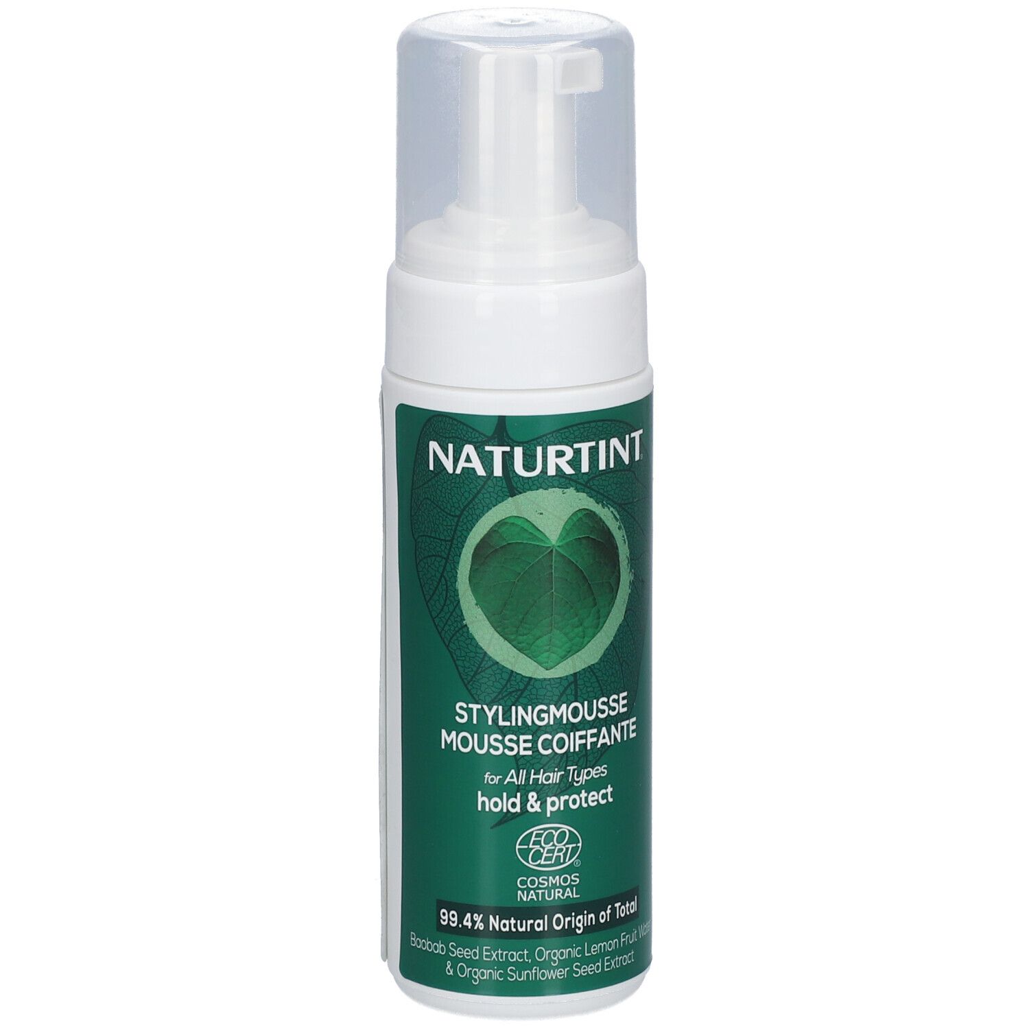 Witte fles met groen etiket. Opschrift: NATURTINT, stylingmousse, voor alle haartypes. Met pompkop.