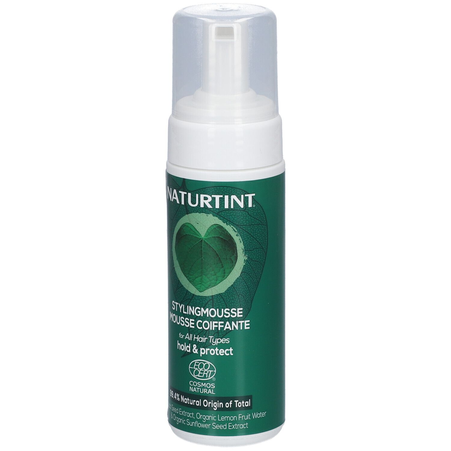 Witte fles met groen etiket. Opschrift: NATURTINT, stylingmousse, voor alle haartypes. Met pompkop.