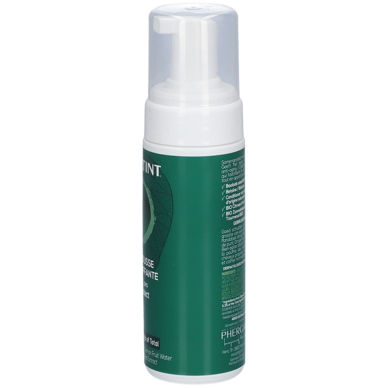 Witte fles met groen etiket. Tekst in meerdere talen. Met pompkop. Bevat informatie over ingrediënten.