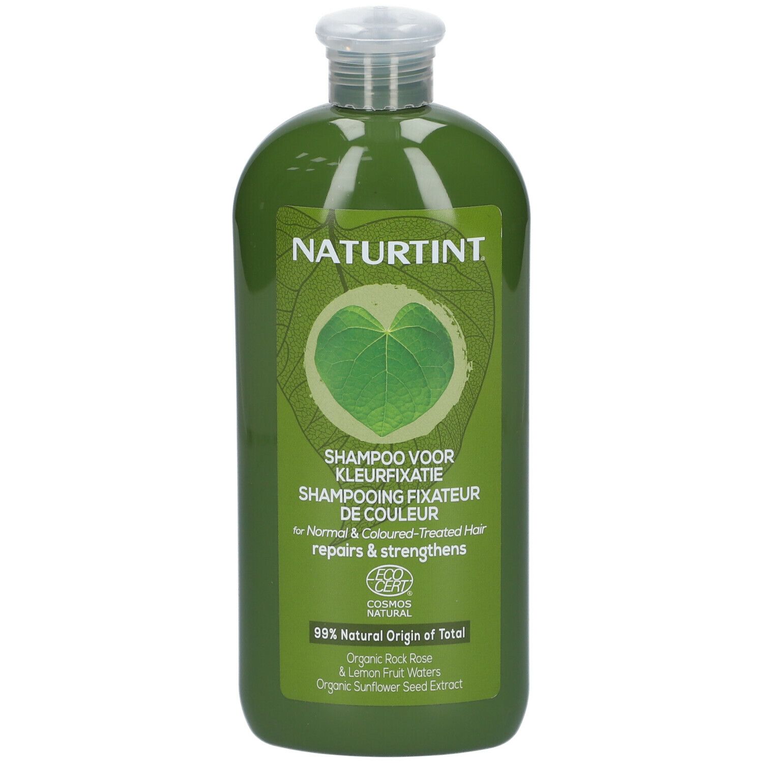 Flacon de shampooing vert avec bouchon blanc. Étiquette avec nom et logo du produit. Logo de certification.