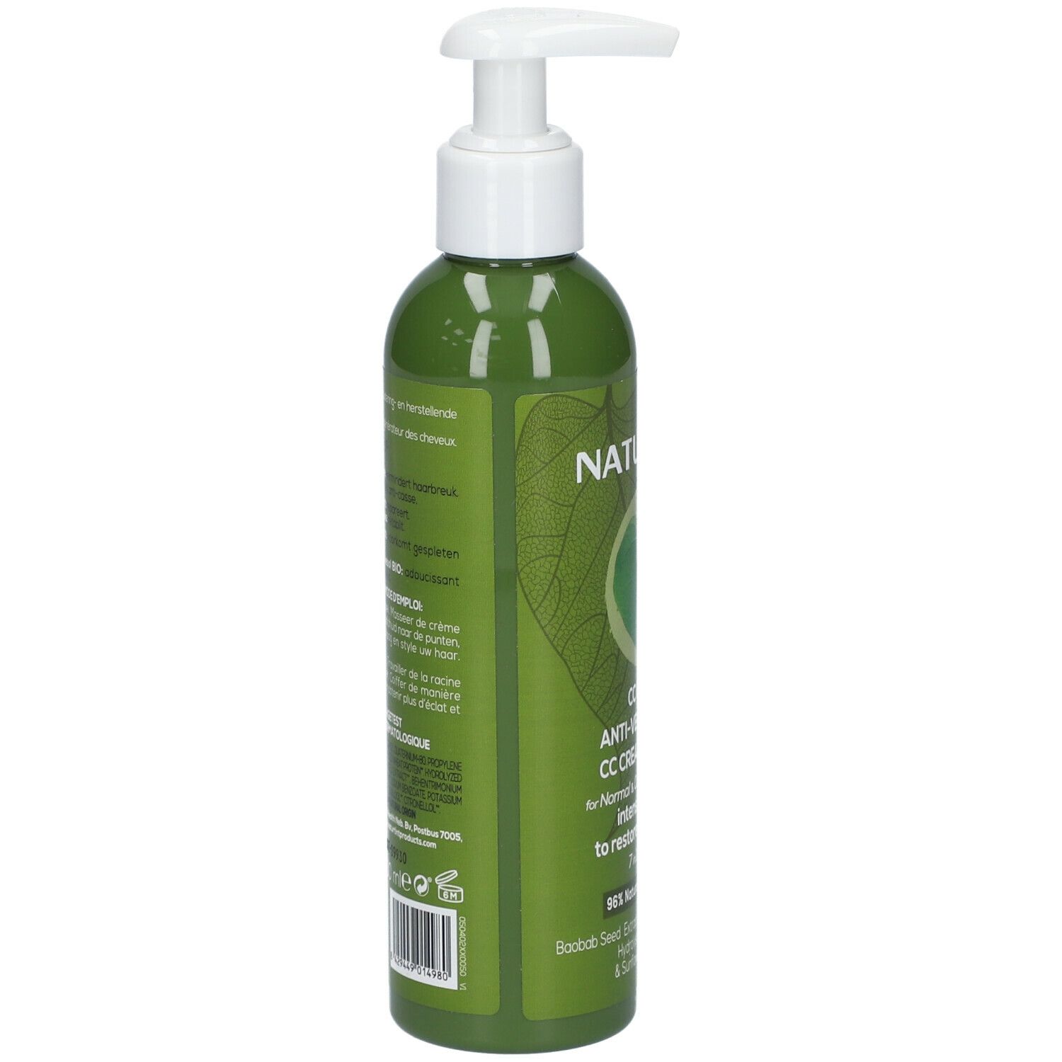 Groene fles met pomp. Opschrift NATURTINT, CC CREAM ANTI-AGE. Meertalige tekst.