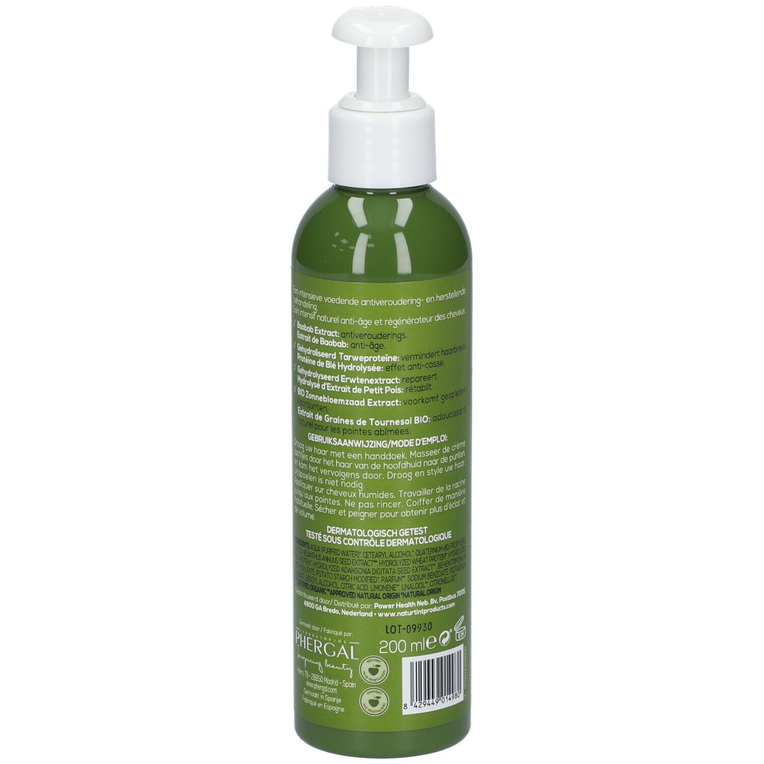 Groene fles met pomp. Achterkant met meertalige tekst. Dermatologisch getest.