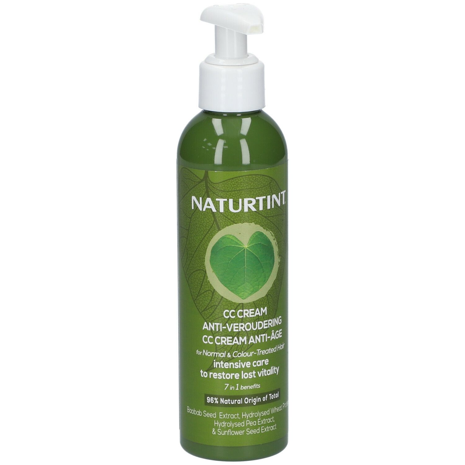 Groene fles met pomp. Opschrift NATURTINT, CC CREAM ANTI-AGE. 96% natuurlijke oorsprong.