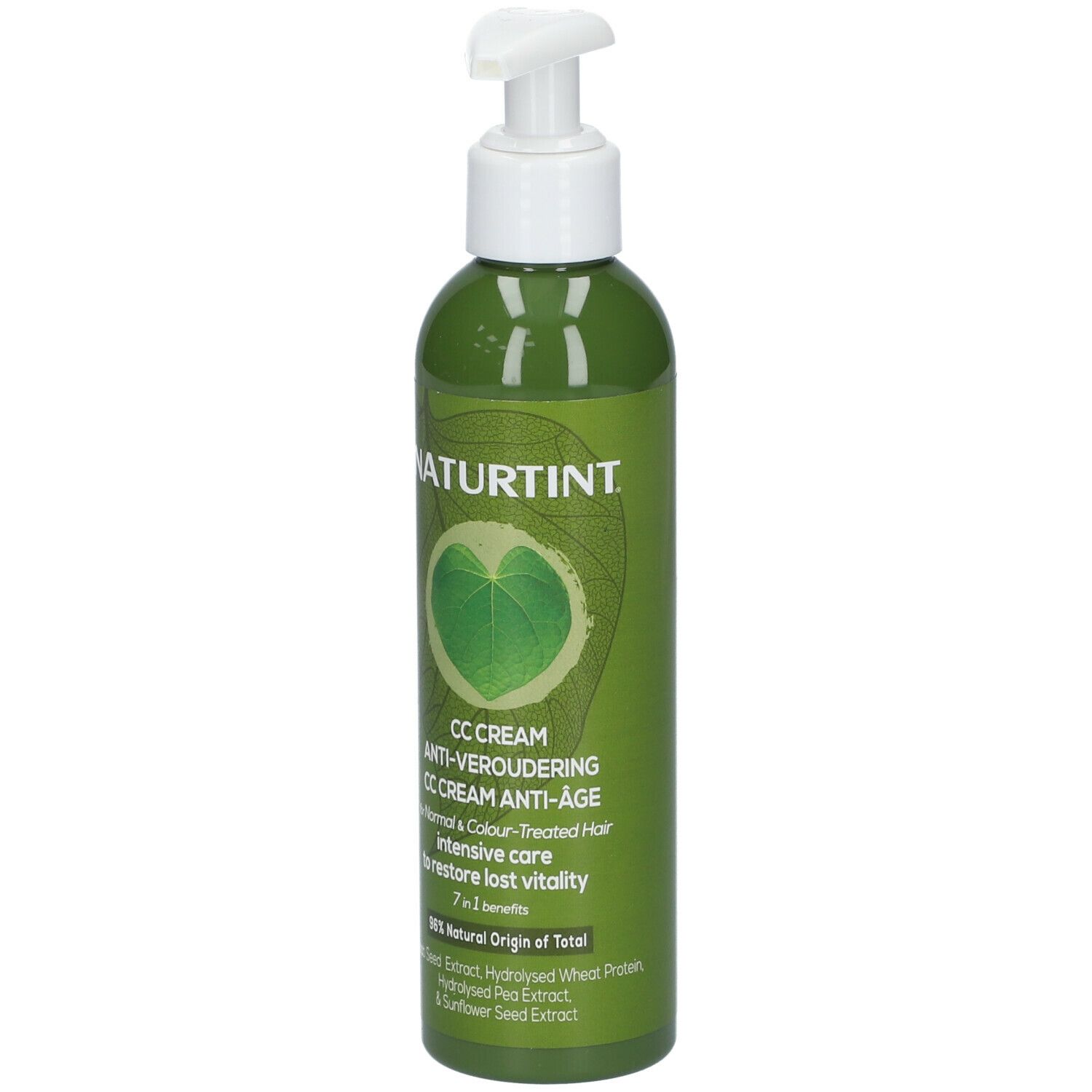 Groene fles met pomp. Opschrift NATURTINT, CC CREAM ANTI-AGE. 96% natuurlijke oorsprong.