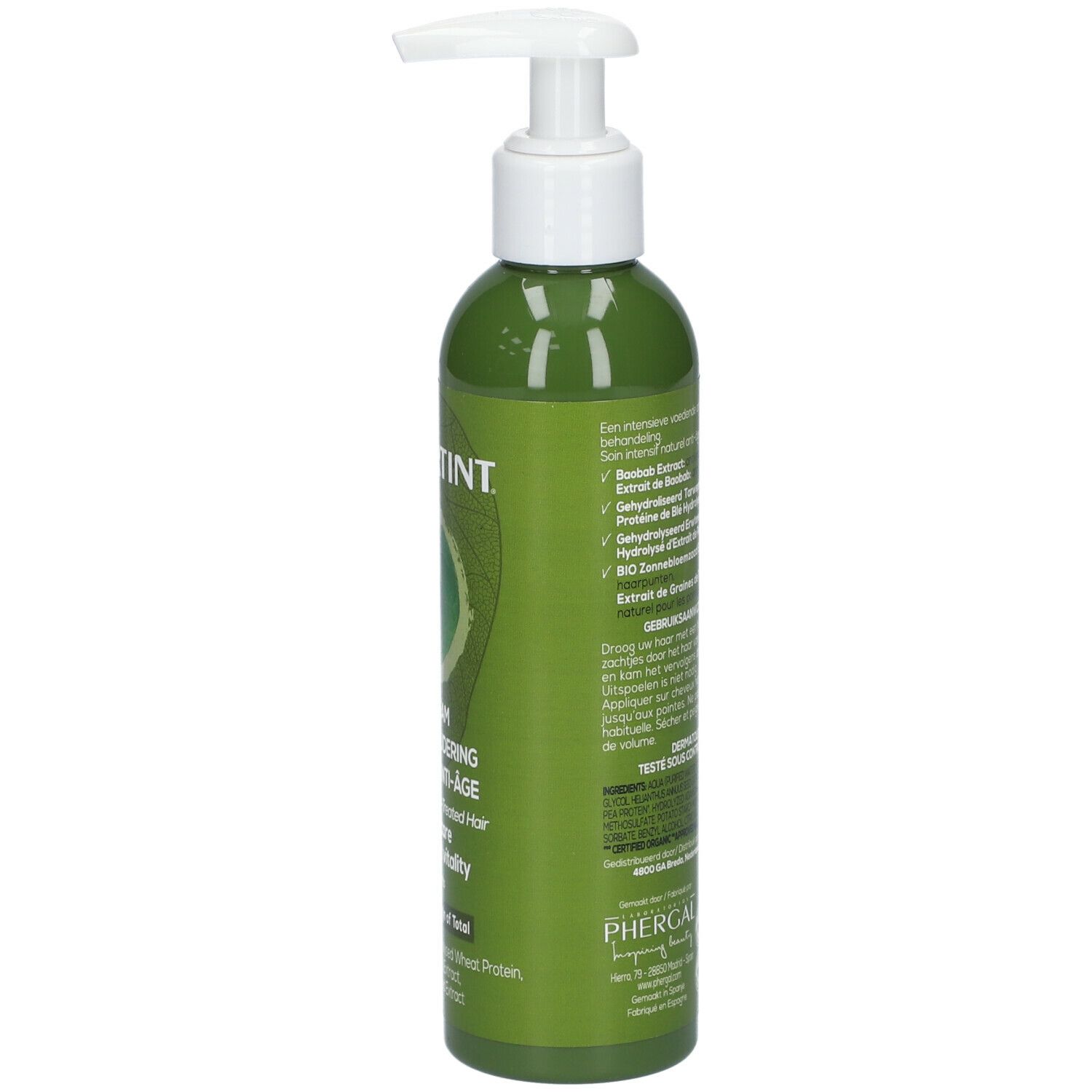 Groene fles met pomp. Opschrift NATURTINT, CC CREAM ANTI-AGE. Meertalige tekst.