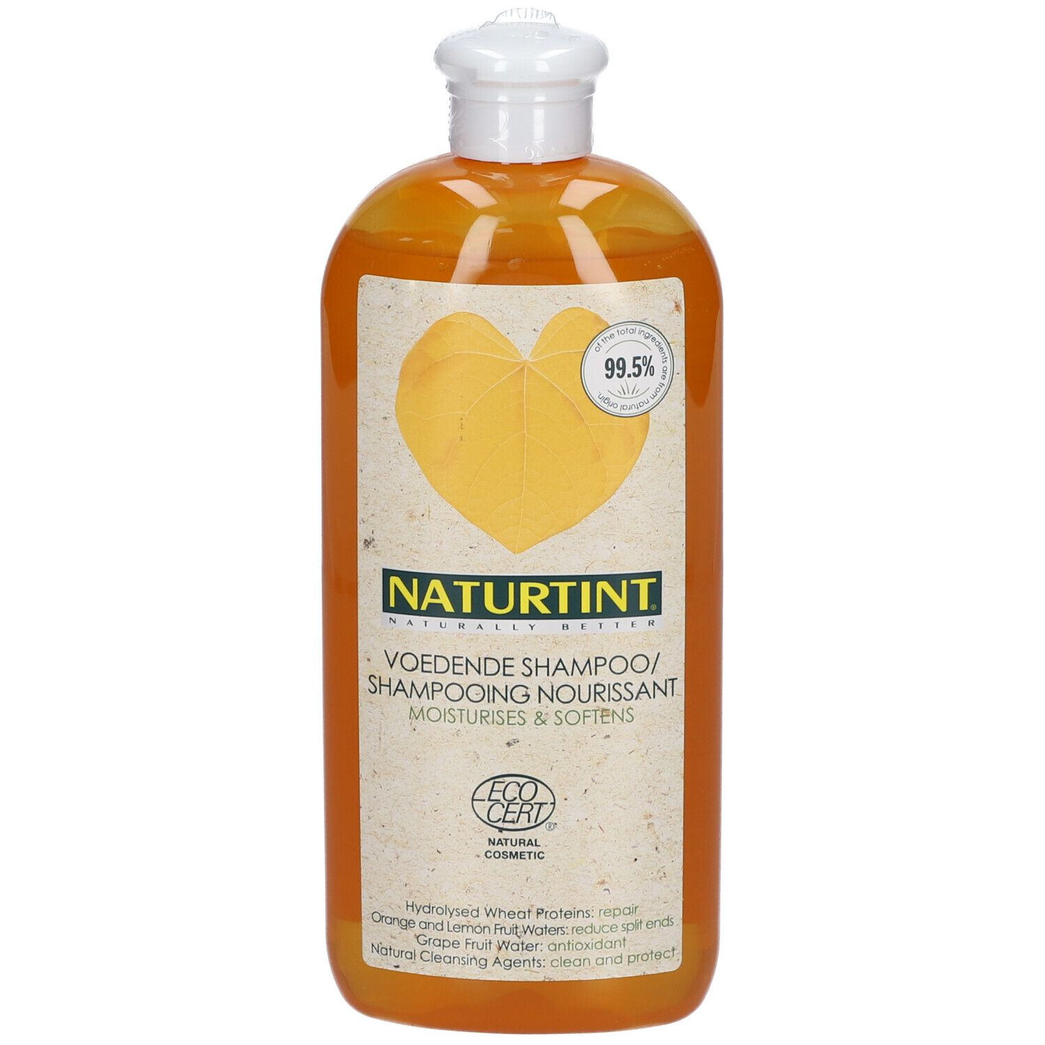 Flacon orange de shampooing NATURTINT®. Bouchon blanc. Étiquette avec logo, ingrédients et label EcoCert.