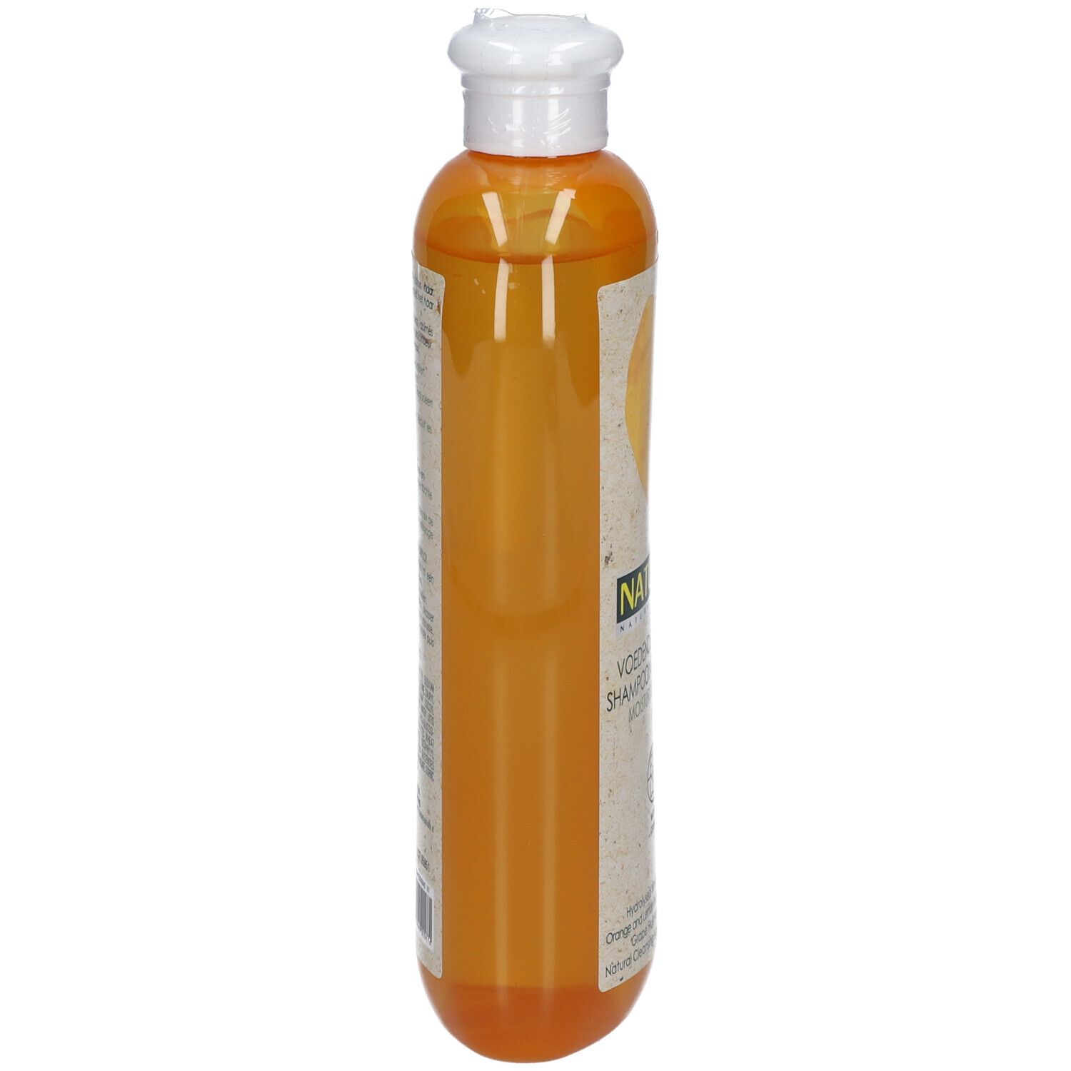 Flacon étroit orange de shampooing NATURTINT®. Bouchon blanc. Étiquette avec texte.